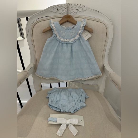 Joie Other - 🦢 6~9 Mth Baby Seersucker Embroidered Lace Dress Ruffle Panty Hair Bow Set NWT